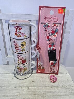 Strawberry Shortcake Bundle: 4pc Stackable Mini Mugs & Lanyard w/ Charm.